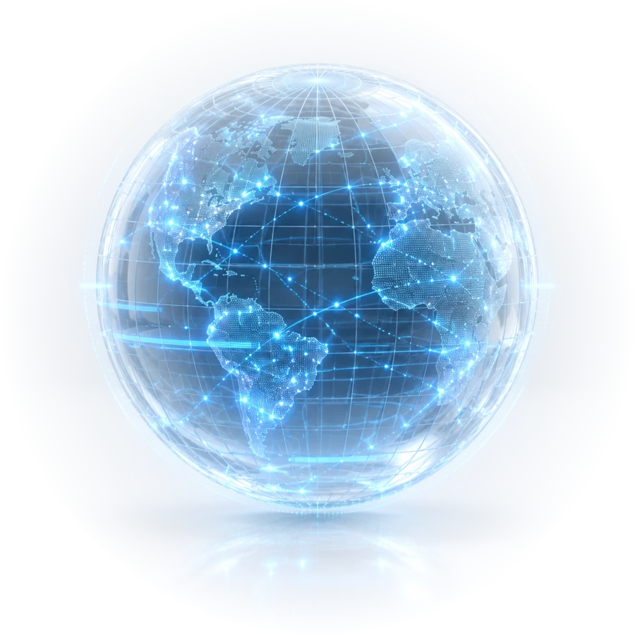 Translucent wireframe globe traced with glowing data nodes